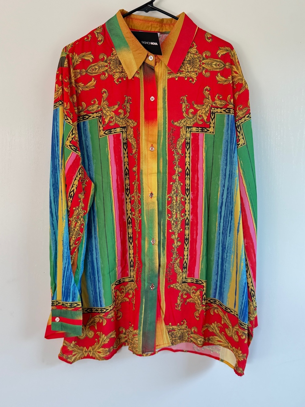 Fashion Nova Colors of My Heart Baroque Button-Down Shirt Blouse